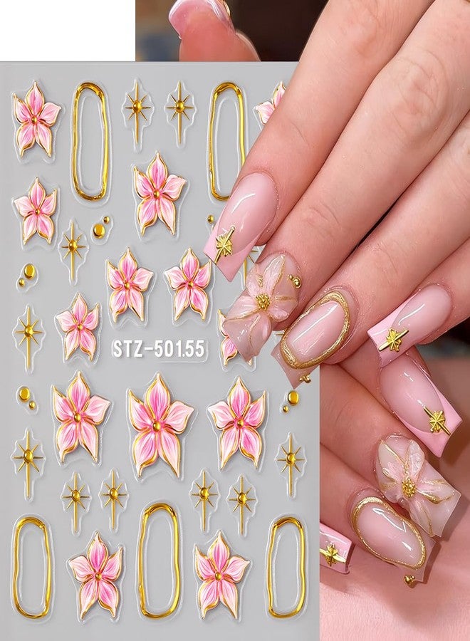 JALIYA 2pcs 5D Embossed Hibiscus Flower Nail Stickers Ice Flower Nail Decals Pink Flowers With Golden Metal Ring Charm Self-Adhesive Sticker Nails for Women Floral Decor Nail Art Sticker Manicure Decorations - Image 3